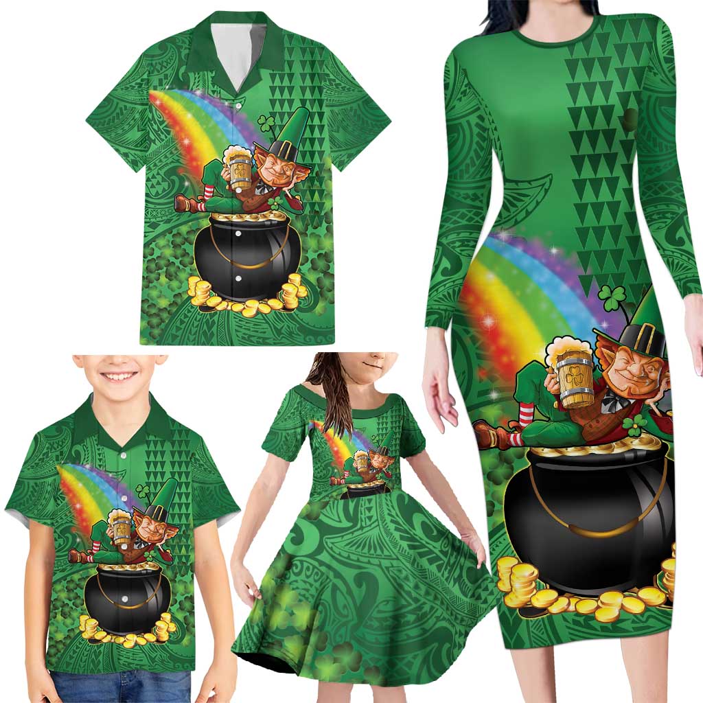 Hawaii Saint Patrick's Day Family Matching Long Sleeve Bodycon Dress and Hawaiian Shirt Funny Leprechaun With Pot Of Gold - Polynesian Tattoo