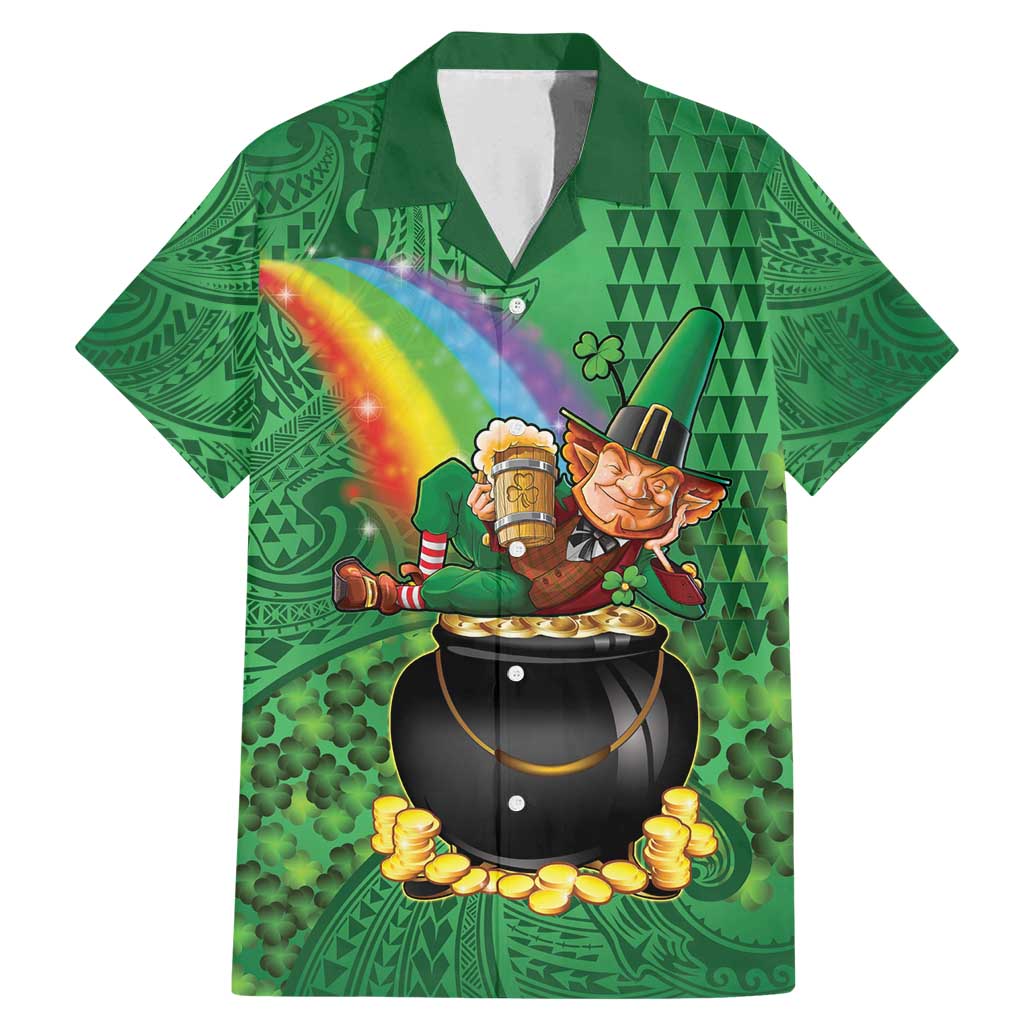 Hawaii Saint Patrick's Day Family Matching Mermaid Dress and Hawaiian Shirt Funny Leprechaun With Pot Of Gold - Polynesian Tattoo