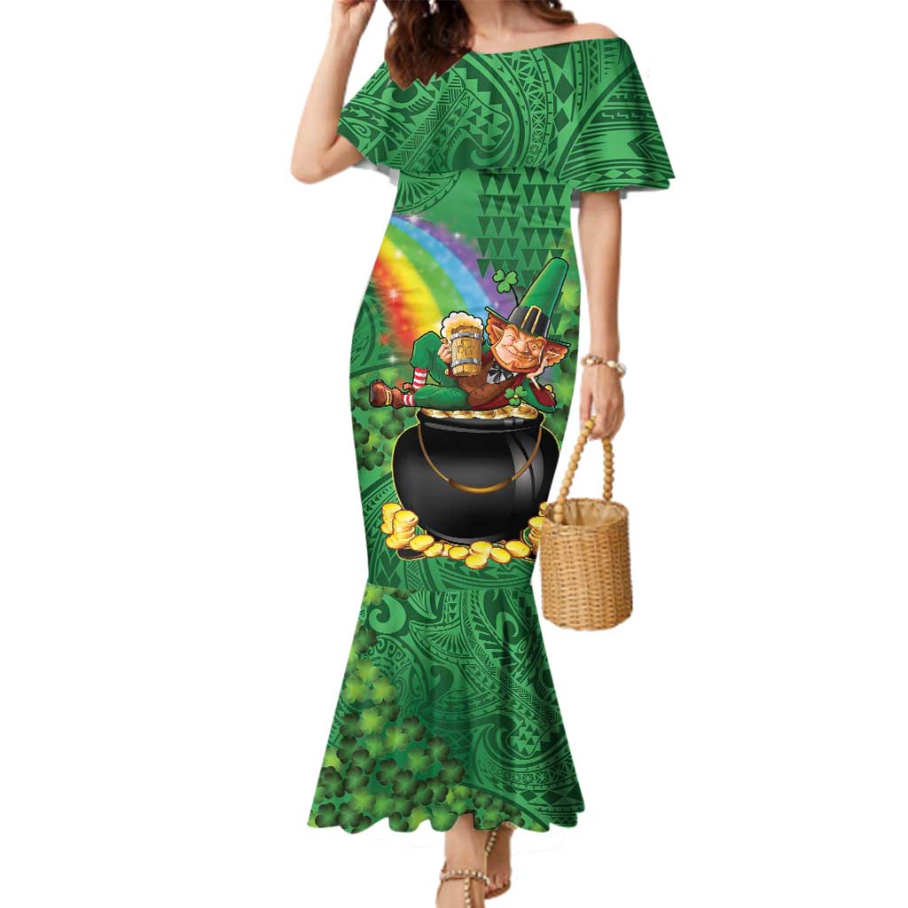 Hawaii Saint Patrick's Day Family Matching Mermaid Dress and Hawaiian Shirt Funny Leprechaun With Pot Of Gold - Polynesian Tattoo