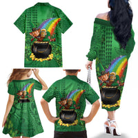 Hawaii Saint Patrick's Day Family Matching Off The Shoulder Long Sleeve Dress and Hawaiian Shirt Funny Leprechaun With Pot Of Gold - Polynesian Tattoo