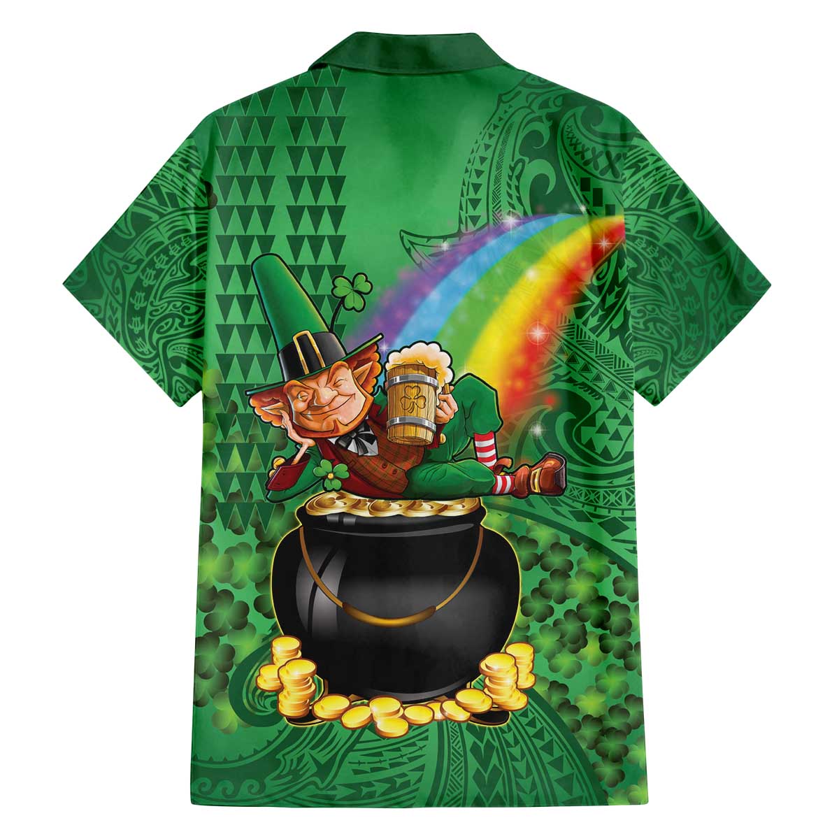 Hawaii Saint Patrick's Day Family Matching Off The Shoulder Long Sleeve Dress and Hawaiian Shirt Funny Leprechaun With Pot Of Gold - Polynesian Tattoo