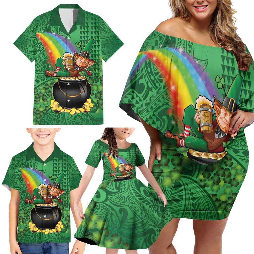 Hawaii Saint Patrick's Day Family Matching Off Shoulder Short Dress and Hawaiian Shirt Funny Leprechaun With Pot Of Gold - Polynesian Tattoo