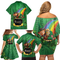 Hawaii Saint Patrick's Day Family Matching Off Shoulder Short Dress and Hawaiian Shirt Funny Leprechaun With Pot Of Gold - Polynesian Tattoo