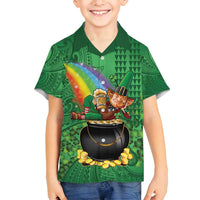 Hawaii Saint Patrick's Day Family Matching Off Shoulder Short Dress and Hawaiian Shirt Funny Leprechaun With Pot Of Gold - Polynesian Tattoo