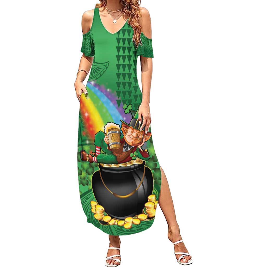 Hawaii Saint Patrick's Day Family Matching Summer Maxi Dress and Hawaiian Shirt Funny Leprechaun With Pot Of Gold - Polynesian Tattoo