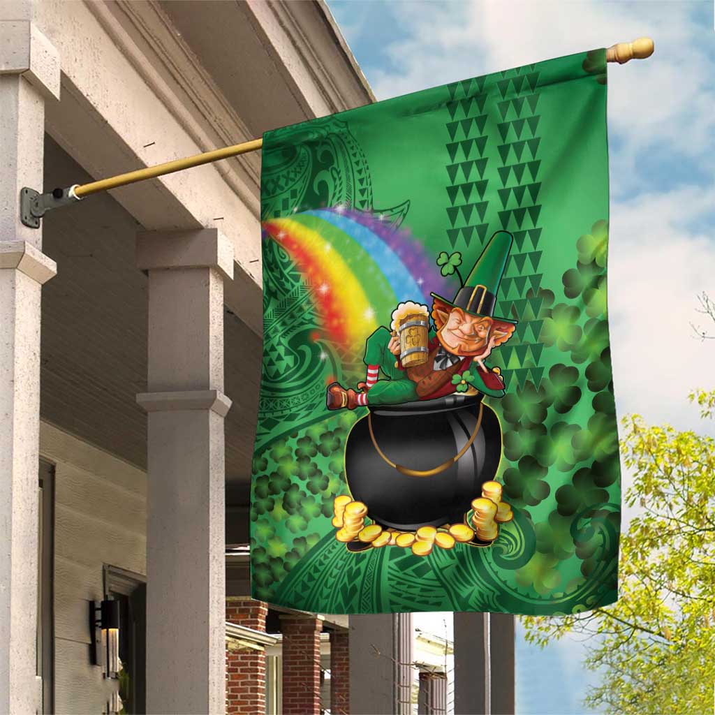 Hawaii Saint Patrick's Day Garden Flag Funny Leprechaun With Pot Of Gold - Polynesian Tattoo