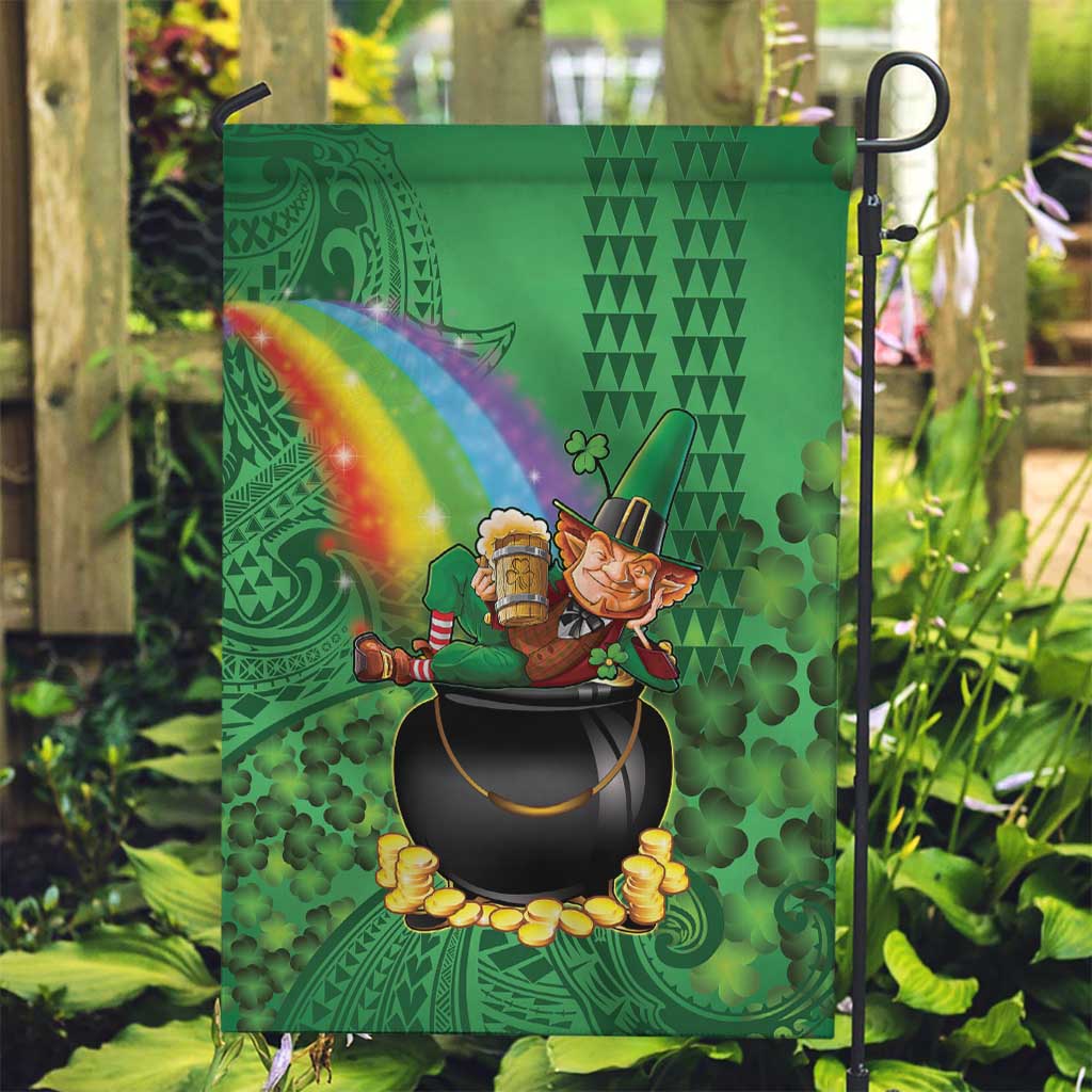 Hawaii Saint Patrick's Day Garden Flag Funny Leprechaun With Pot Of Gold - Polynesian Tattoo LT14 Garden Flag Green - Polynesian Pride