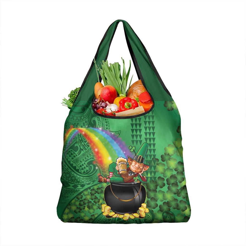 Hawaii Saint Patrick's Day Grocery Bag Funny Leprechaun With Pot Of Gold - Polynesian Tattoo LT14 1-pack One Size Green - Polynesian Pride