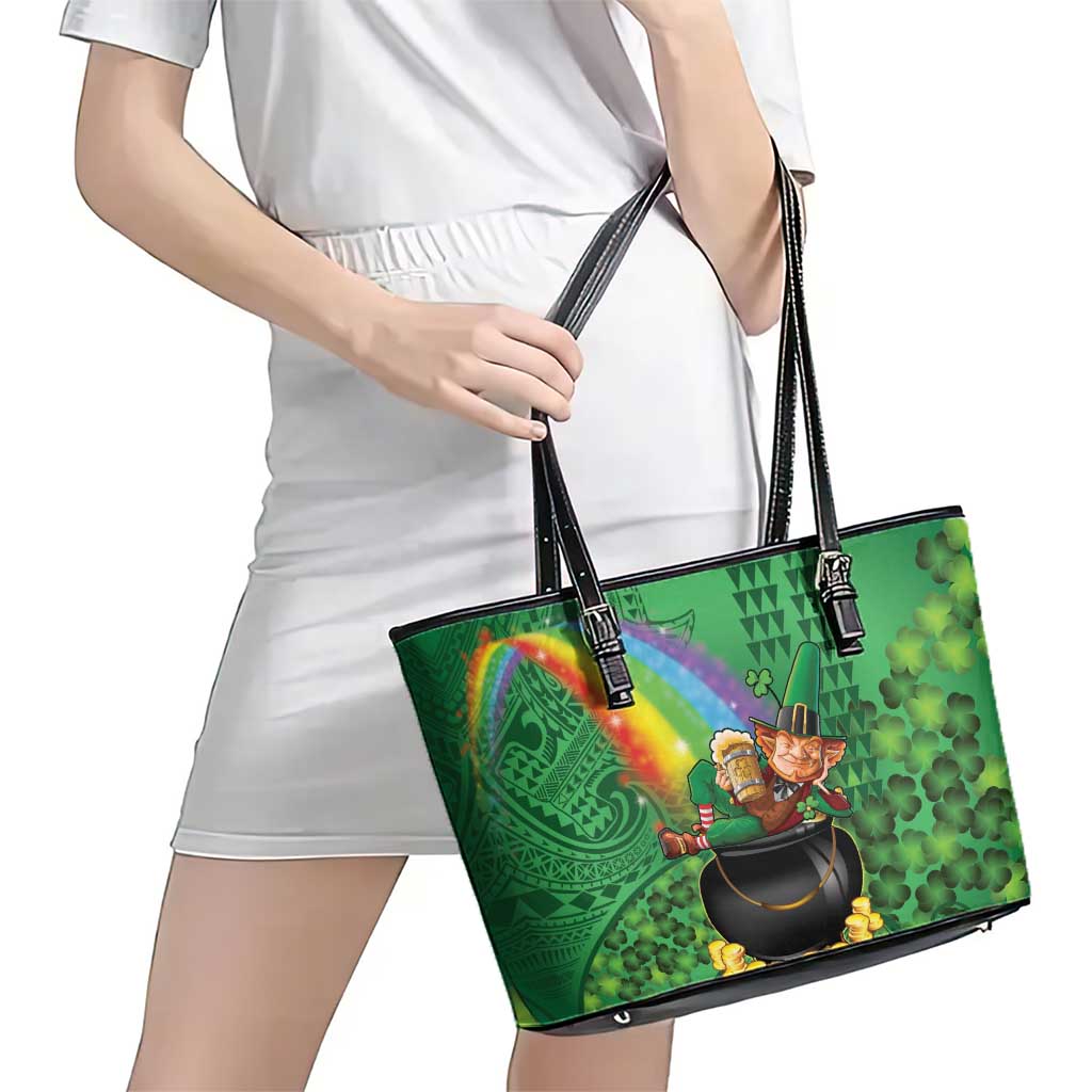Hawaii Saint Patrick's Day Leather Tote Bag Funny Leprechaun With Pot Of Gold - Polynesian Tattoo LT14 - Polynesian Pride