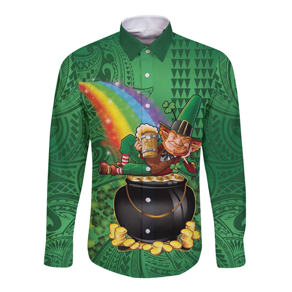 Hawaii Saint Patrick's Day Long Sleeve Button Shirt Funny Leprechaun With Pot Of Gold - Polynesian Tattoo LT14 Unisex Green - Polynesian Pride