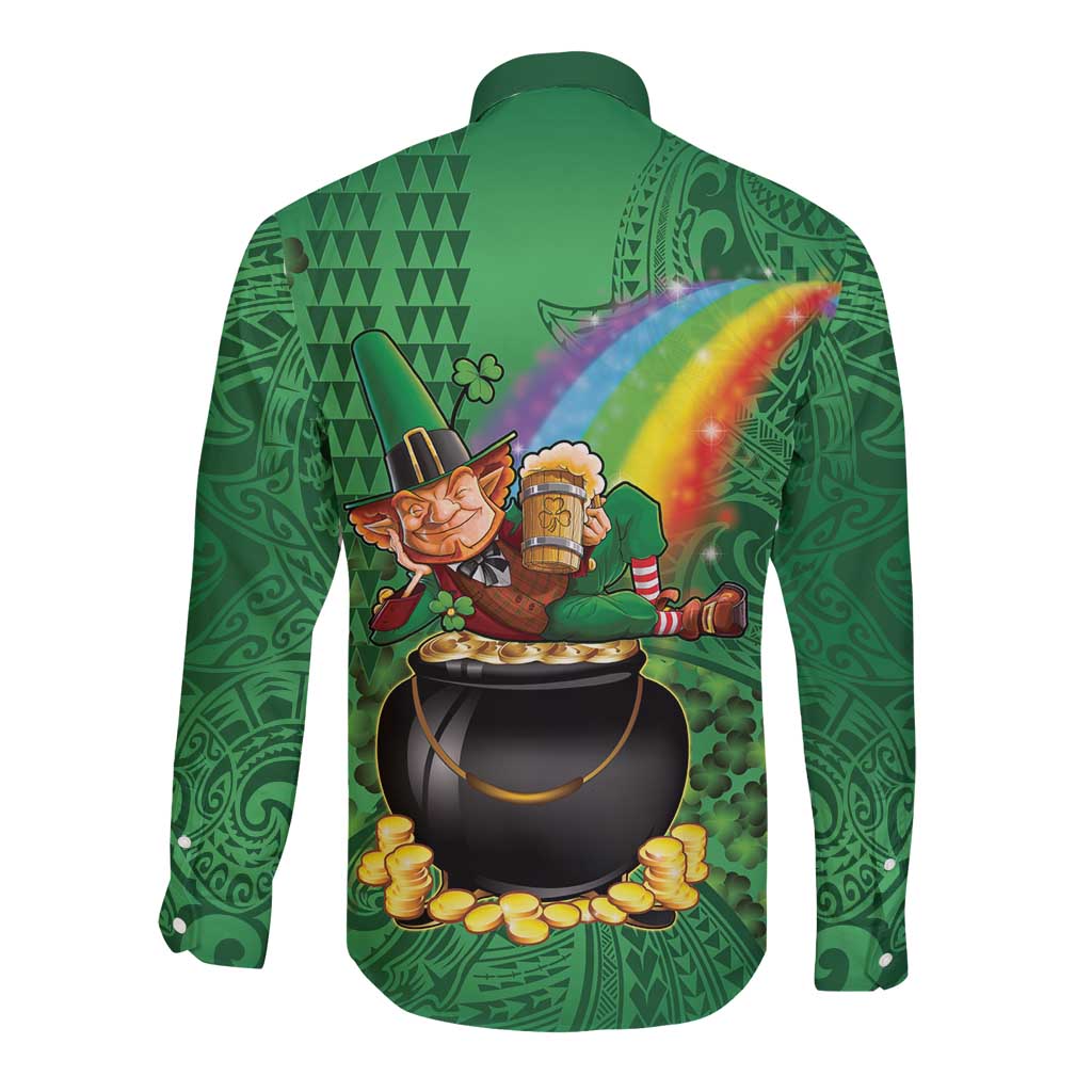 Hawaii Saint Patrick's Day Long Sleeve Button Shirt Funny Leprechaun With Pot Of Gold - Polynesian Tattoo LT14 - Polynesian Pride
