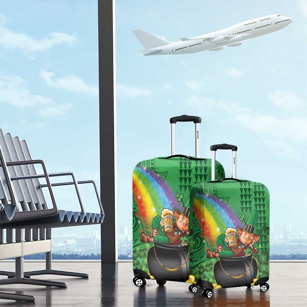 Hawaii Saint Patrick's Day Luggage Cover Funny Leprechaun With Pot Of Gold - Polynesian Tattoo