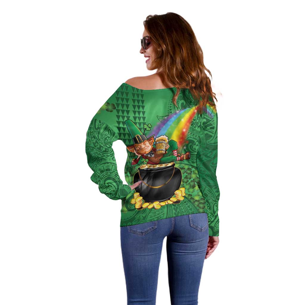 Hawaii Saint Patrick's Day Off Shoulder Sweater Funny Leprechaun With Pot Of Gold - Polynesian Tattoo