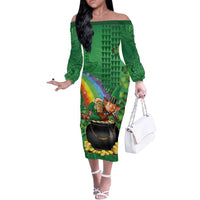 Hawaii Saint Patrick's Day Off The Shoulder Long Sleeve Dress Funny Leprechaun With Pot Of Gold - Polynesian Tattoo