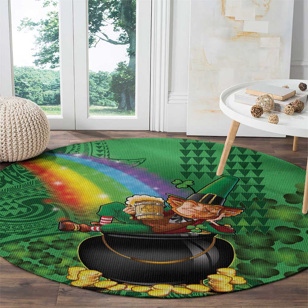 Hawaii Saint Patrick's Day Round Carpet Funny Leprechaun With Pot Of Gold - Polynesian Tattoo