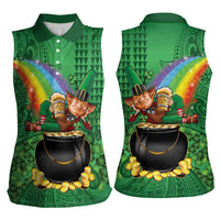 Hawaii Saint Patrick's Day Women Sleeveless Polo Shirt Funny Leprechaun With Pot Of Gold - Polynesian Tattoo