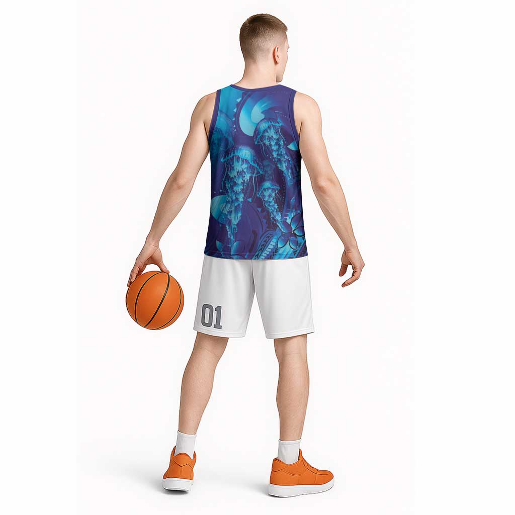 Purple Paradise Polynesia Jellyfish Basketball Jersey Plumeria Polynesian Tattoo Glowing Vibes LT14 - Polynesian Pride
