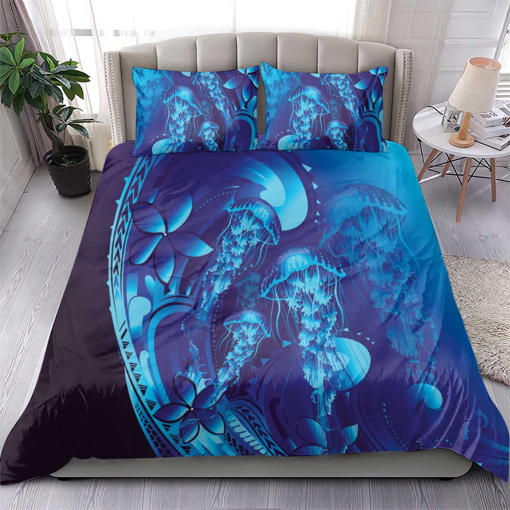 Purple Paradise Polynesia Jellyfish Bedding Set Plumeria Polynesian Tattoo Glowing Vibes LT14 - Polynesian Pride