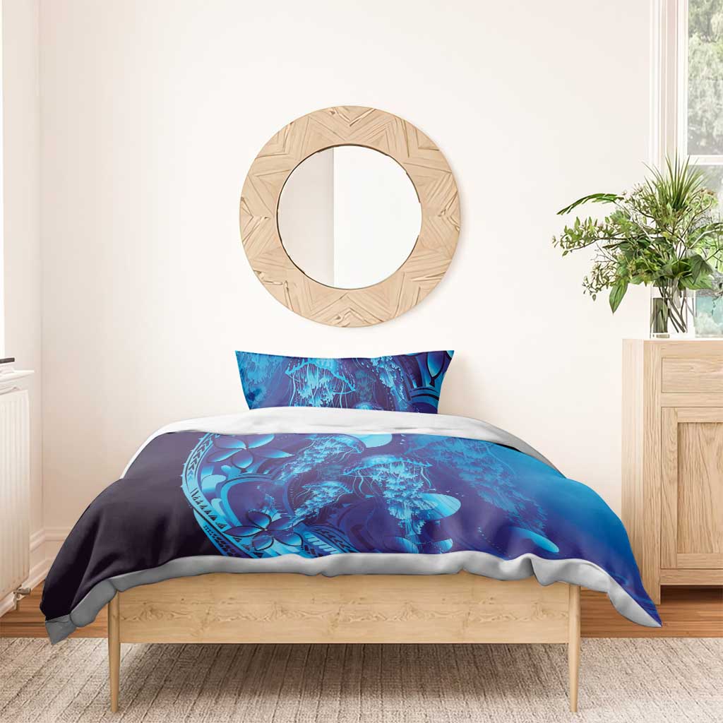 Purple Paradise Polynesia Jellyfish Bedding Set Plumeria Polynesian Tattoo Glowing Vibes LT14 - Polynesian Pride