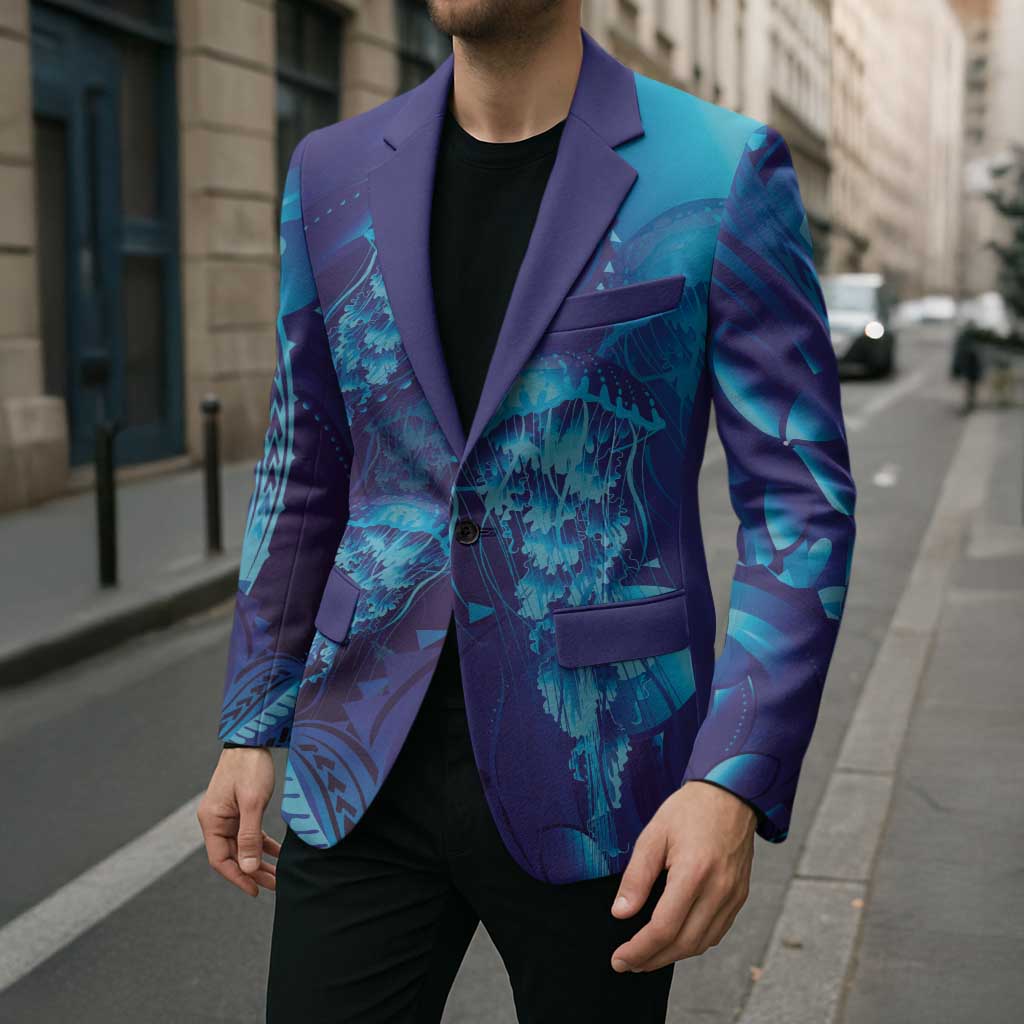 Purple Paradise Polynesia Jellyfish Blazer Plumeria Polynesian Tattoo Glowing Vibes LT14 - Polynesian Pride