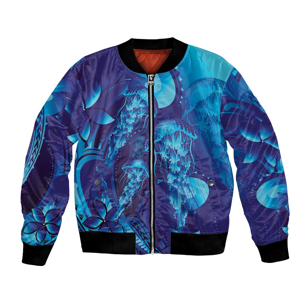 Purple Paradise Polynesia Jellyfish Bomber Jacket Plumeria Polynesian Tattoo Glowing Vibes LT14 Unisex Purple - Polynesian Pride