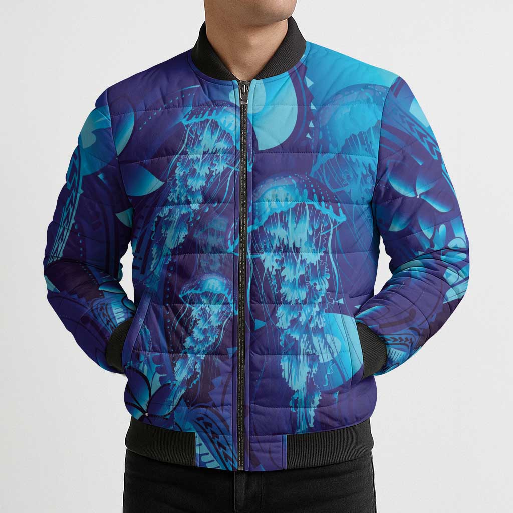 Purple Paradise Polynesia Jellyfish Bomber Puffer Jacket Plumeria Polynesian Tattoo Glowing Vibes LT14 - Polynesian Pride