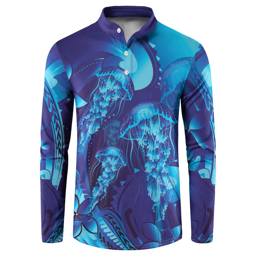 Purple Paradise Polynesia Jellyfish Button Sweatshirt Plumeria Polynesian Tattoo Glowing Vibes LT14 Purple - Polynesian Pride