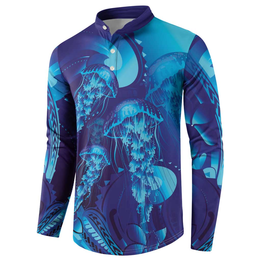 Purple Paradise Polynesia Jellyfish Button Sweatshirt Plumeria Polynesian Tattoo Glowing Vibes LT14 - Polynesian Pride