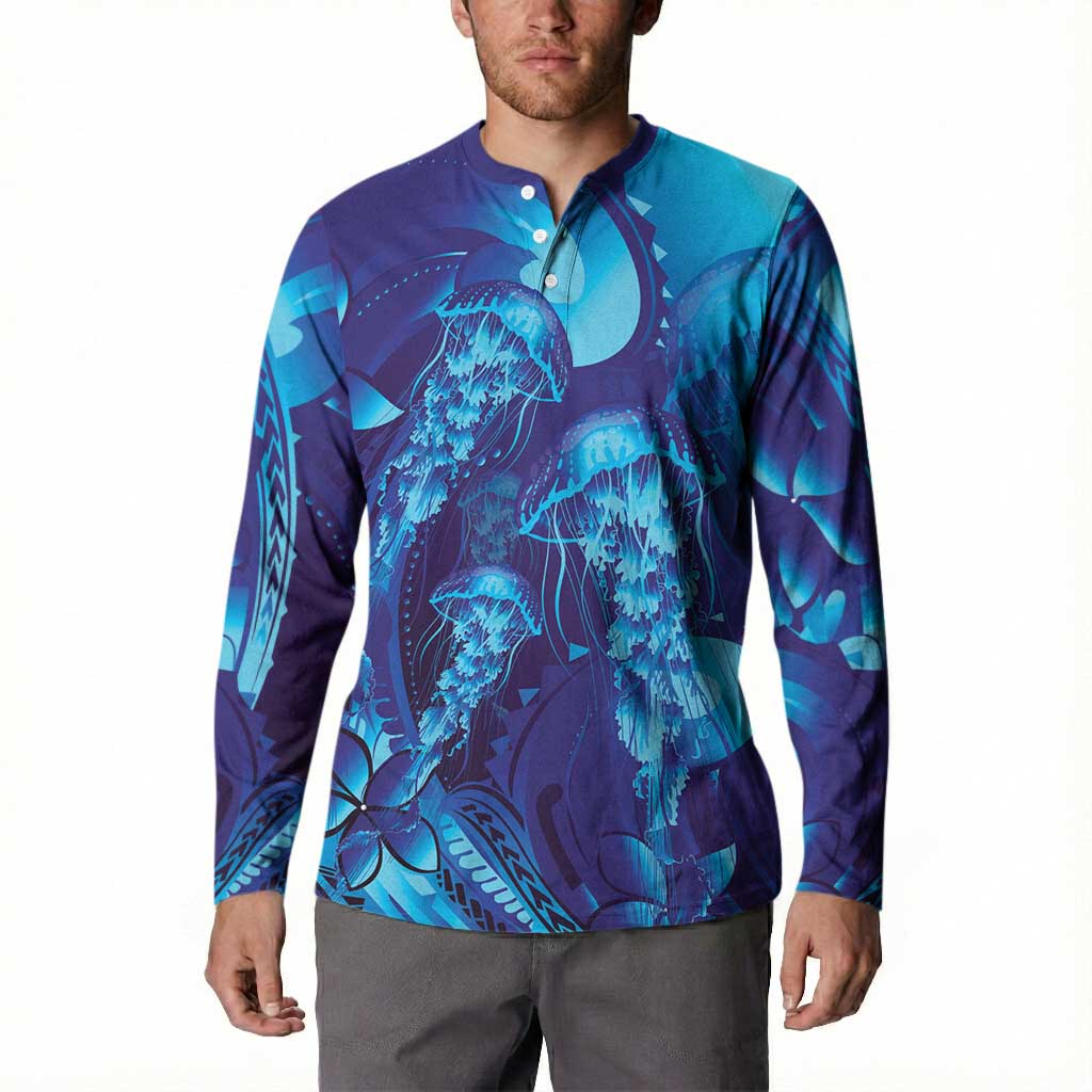 Purple Paradise Polynesia Jellyfish Button Sweatshirt Plumeria Polynesian Tattoo Glowing Vibes LT14 - Polynesian Pride