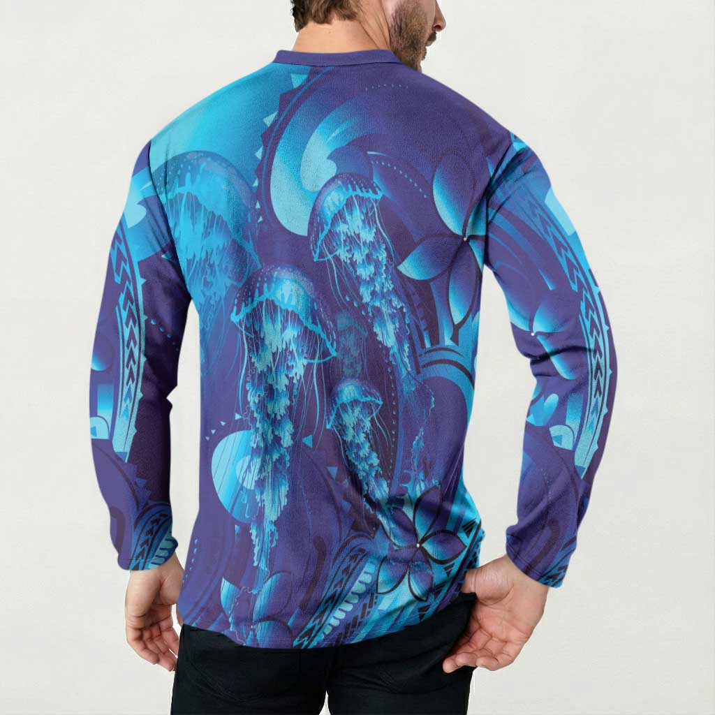 Purple Paradise Polynesia Jellyfish Button Sweatshirt Plumeria Polynesian Tattoo Glowing Vibes LT14 - Polynesian Pride