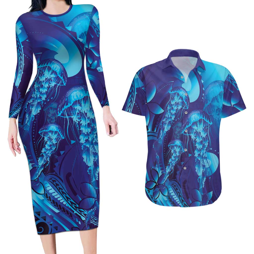 Purple Paradise Polynesia Jellyfish Couples Matching Long Sleeve Bodycon Dress and Hawaiian Shirt Plumeria Polynesian Tattoo Glowing Vibes