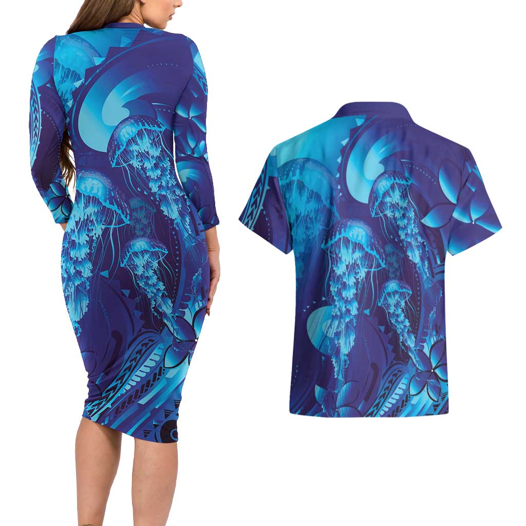 Purple Paradise Polynesia Jellyfish Couples Matching Long Sleeve Bodycon Dress and Hawaiian Shirt Plumeria Polynesian Tattoo Glowing Vibes