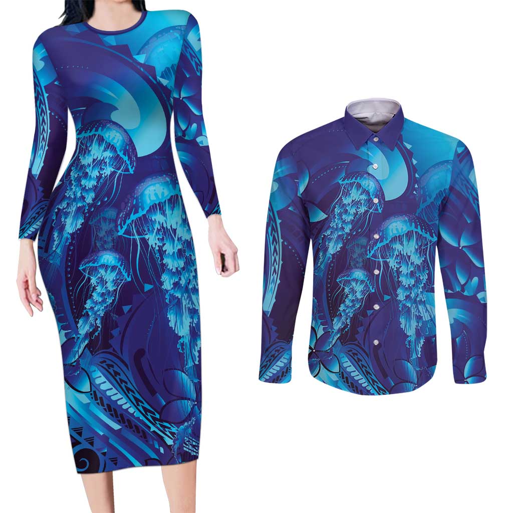 Purple Paradise Polynesia Jellyfish Couples Matching Long Sleeve Bodycon Dress and Long Sleeve Button Shirt Plumeria Polynesian Tattoo Glowing Vibes