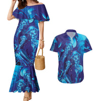 Purple Paradise Polynesia Jellyfish Couples Matching Mermaid Dress and Hawaiian Shirt Plumeria Polynesian Tattoo Glowing Vibes