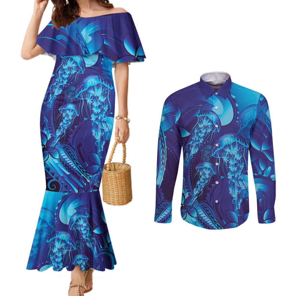 Purple Paradise Polynesia Jellyfish Couples Matching Mermaid Dress and Long Sleeve Button Shirt Plumeria Polynesian Tattoo Glowing Vibes