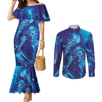 Purple Paradise Polynesia Jellyfish Couples Matching Mermaid Dress and Long Sleeve Button Shirt Plumeria Polynesian Tattoo Glowing Vibes