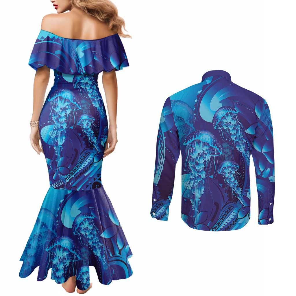 Purple Paradise Polynesia Jellyfish Couples Matching Mermaid Dress and Long Sleeve Button Shirt Plumeria Polynesian Tattoo Glowing Vibes