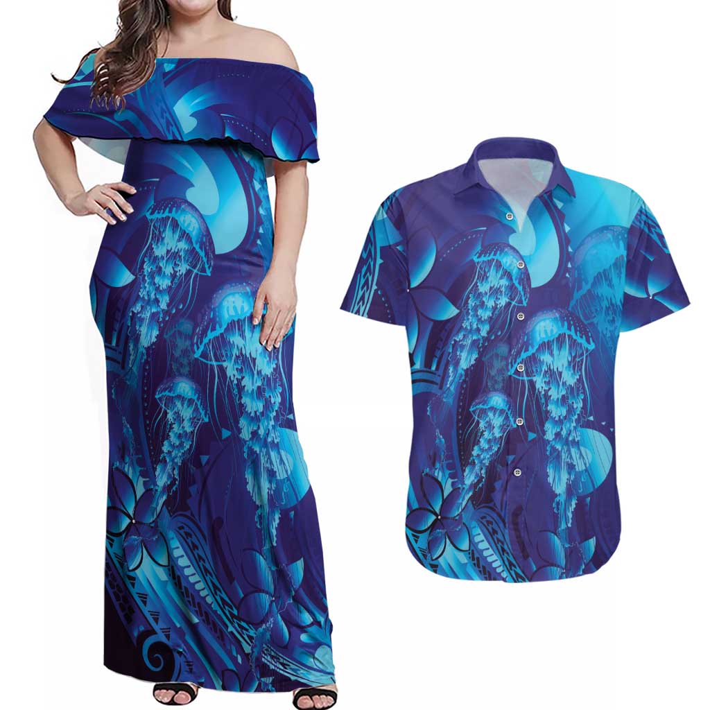 Purple Paradise Polynesia Jellyfish Couples Matching Off Shoulder Maxi Dress and Hawaiian Shirt Plumeria Polynesian Tattoo Glowing Vibes