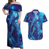 Purple Paradise Polynesia Jellyfish Couples Matching Off Shoulder Maxi Dress and Hawaiian Shirt Plumeria Polynesian Tattoo Glowing Vibes