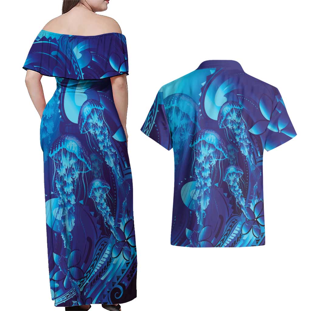 Purple Paradise Polynesia Jellyfish Couples Matching Off Shoulder Maxi Dress and Hawaiian Shirt Plumeria Polynesian Tattoo Glowing Vibes