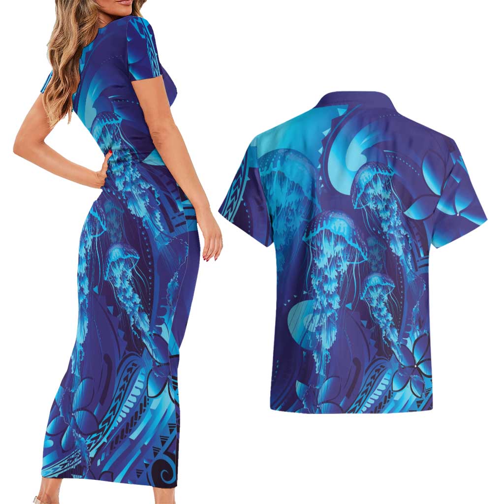 Purple Paradise Polynesia Jellyfish Couples Matching Short Sleeve Bodycon Dress and Hawaiian Shirt Plumeria Polynesian Tattoo Glowing Vibes