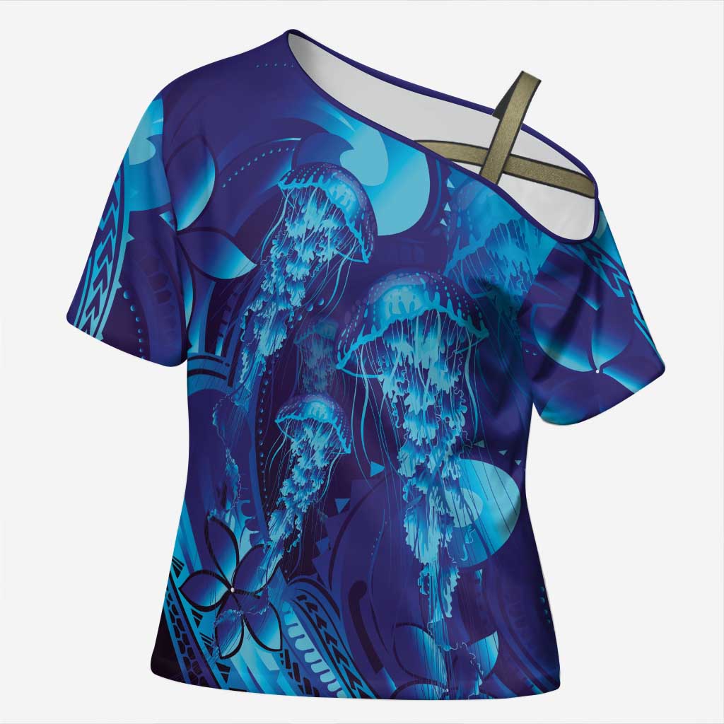 Purple Paradise Polynesia Jellyfish Cross Shoulder Shirt Plumeria Polynesian Tattoo Glowing Vibes LT14 Female Purple - Polynesian Pride