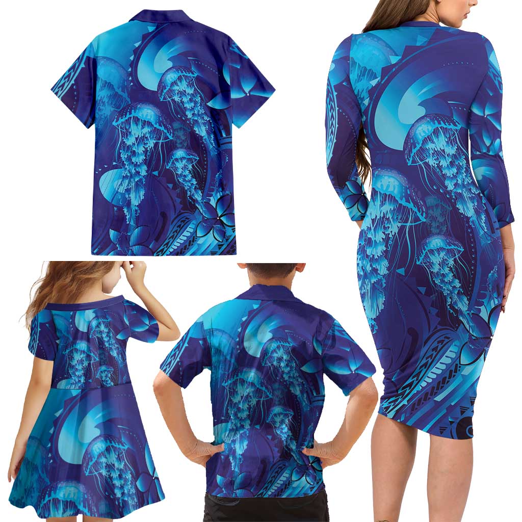 Purple Paradise Polynesia Jellyfish Family Matching Long Sleeve Bodycon Dress and Hawaiian Shirt Plumeria Polynesian Tattoo Glowing Vibes