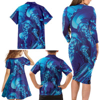Purple Paradise Polynesia Jellyfish Family Matching Long Sleeve Bodycon Dress and Hawaiian Shirt Plumeria Polynesian Tattoo Glowing Vibes