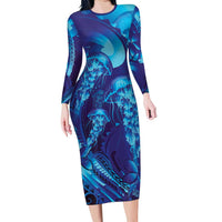 Purple Paradise Polynesia Jellyfish Family Matching Long Sleeve Bodycon Dress and Hawaiian Shirt Plumeria Polynesian Tattoo Glowing Vibes