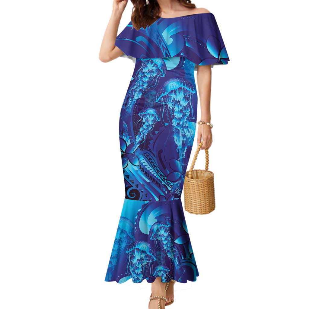 Purple Paradise Polynesia Jellyfish Family Matching Mermaid Dress and Hawaiian Shirt Plumeria Polynesian Tattoo Glowing Vibes