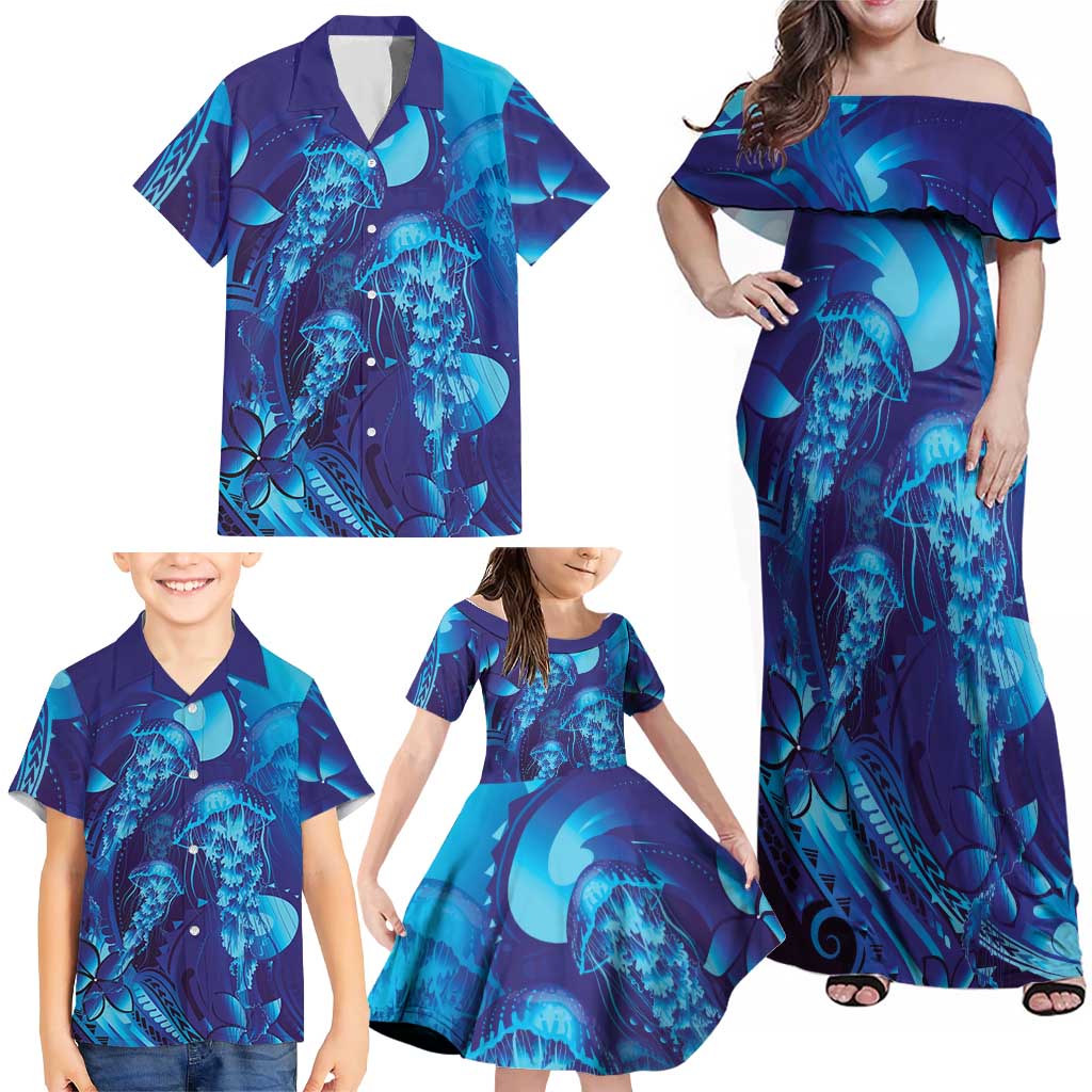 Purple Paradise Polynesia Jellyfish Family Matching Off Shoulder Maxi Dress and Hawaiian Shirt Plumeria Polynesian Tattoo Glowing Vibes