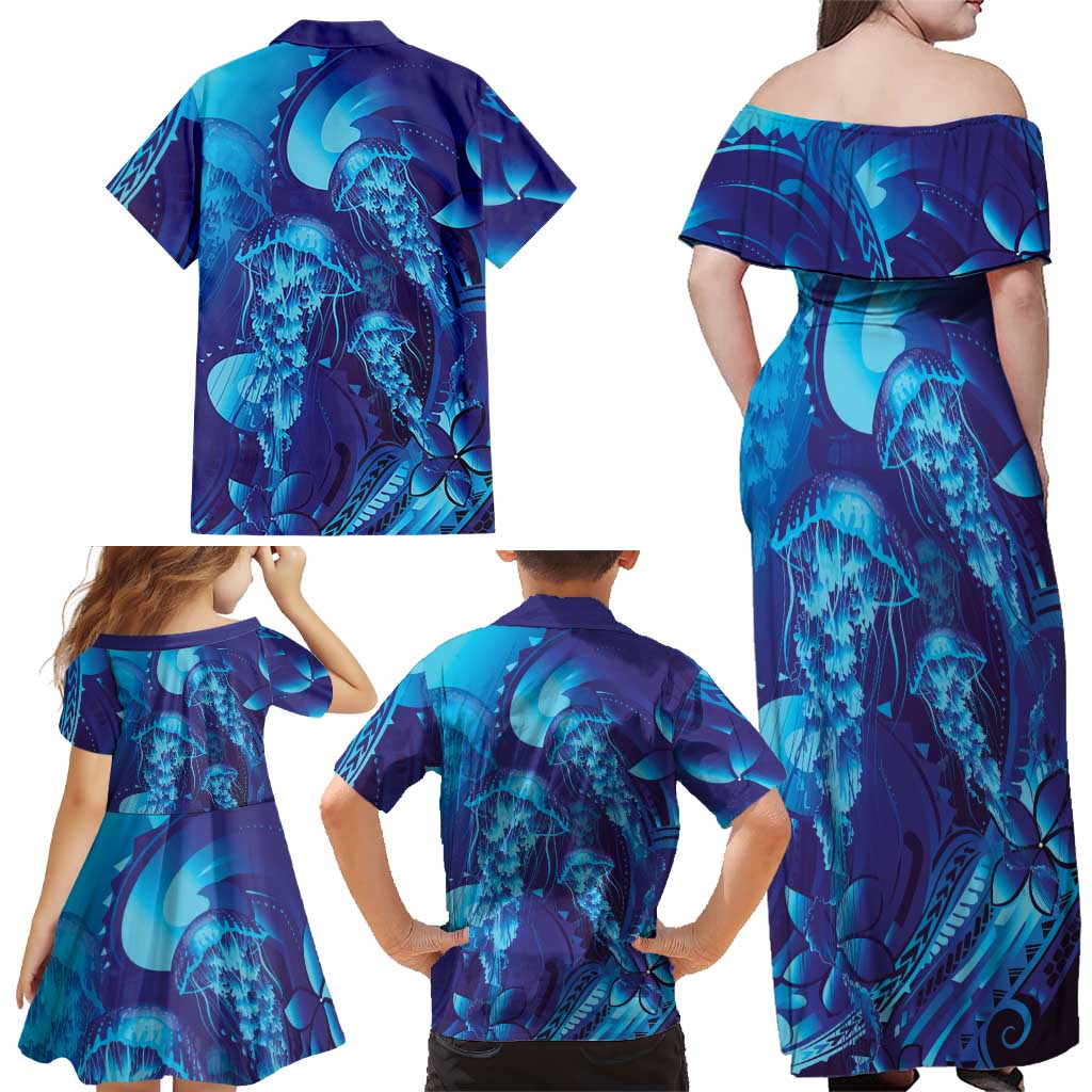 Purple Paradise Polynesia Jellyfish Family Matching Off Shoulder Maxi Dress and Hawaiian Shirt Plumeria Polynesian Tattoo Glowing Vibes