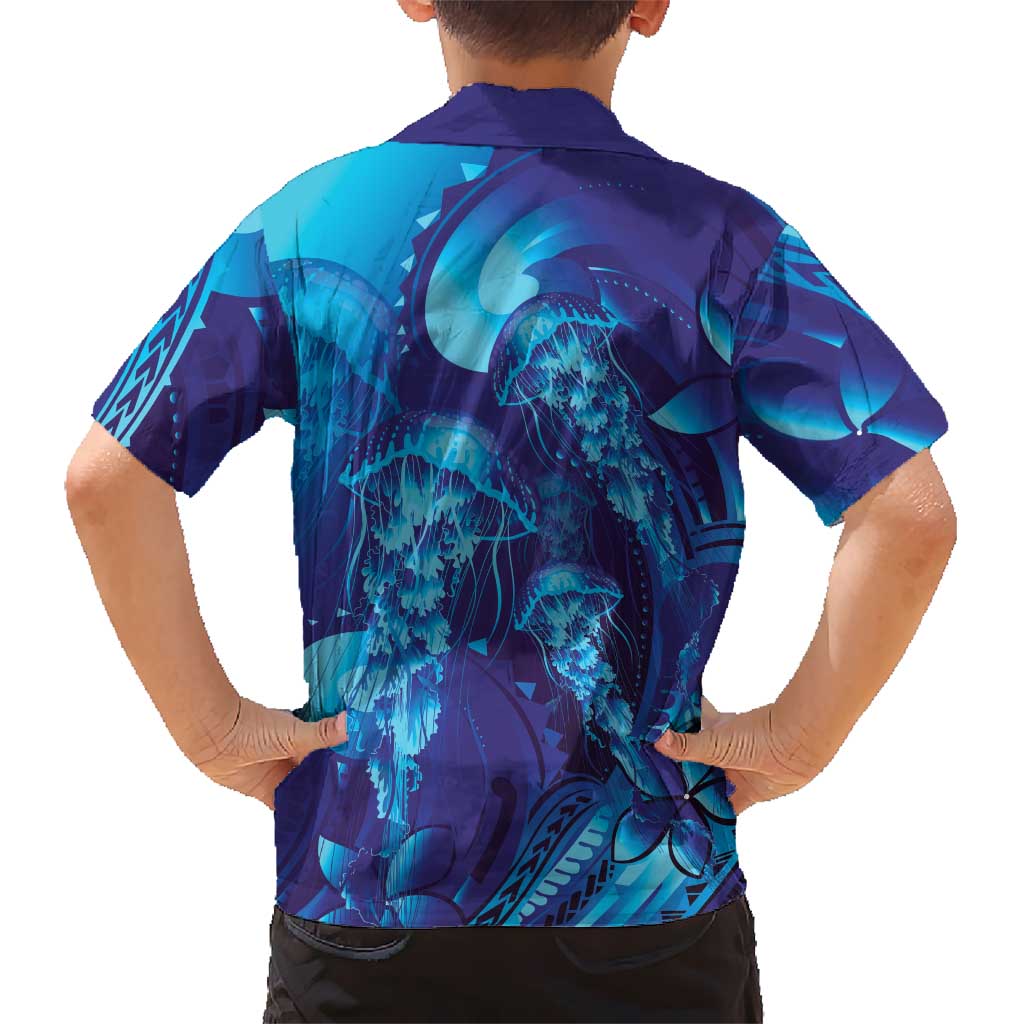 Purple Paradise Polynesia Jellyfish Family Matching Short Sleeve Bodycon Dress and Hawaiian Shirt Plumeria Polynesian Tattoo Glowing Vibes
