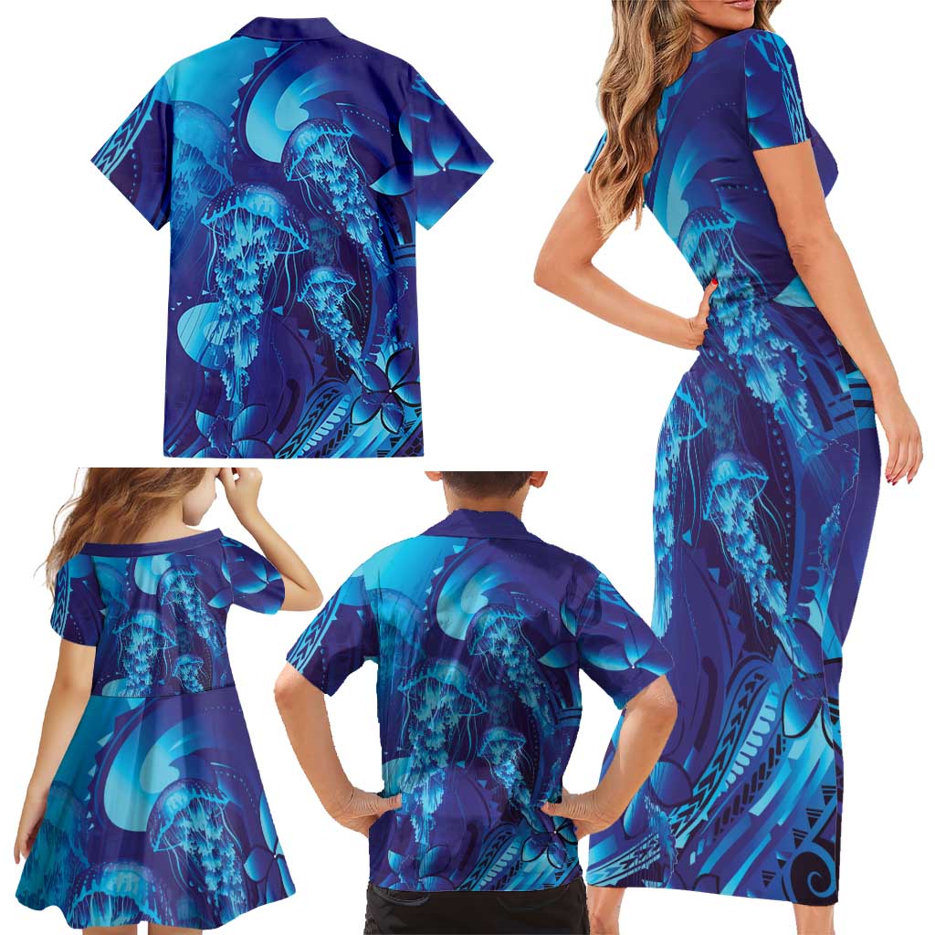 Purple Paradise Polynesia Jellyfish Family Matching Short Sleeve Bodycon Dress and Hawaiian Shirt Plumeria Polynesian Tattoo Glowing Vibes
